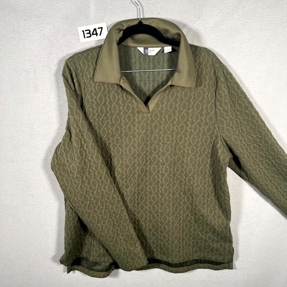 Modern Soul Top Womens Large Green Cable Knit High Low Hem Pullover Long Sleeve‎